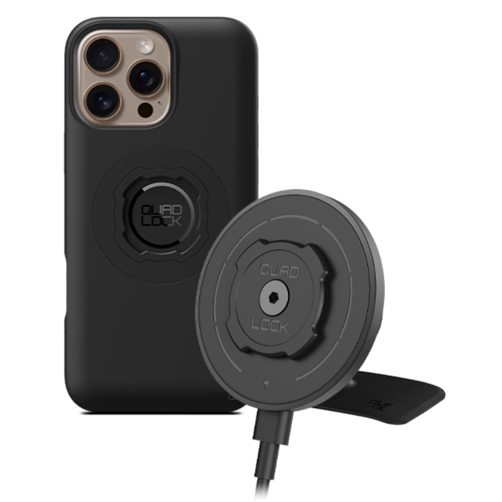 Quad Lock Samoprzylepny uchwyt na deskę rozdzielczą/schowek na telefon do samochodu z głowicą ładowarki bezprzewodowej MAG V2 i etui MAG na iPhone 16 Pro Max