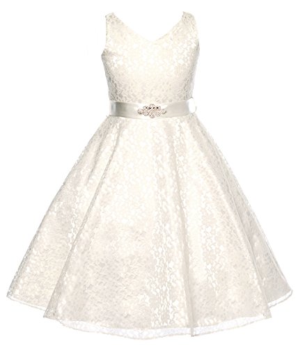 DressForLess Lovely Lace V-Neck Flower Girl Dress, Ivory, 12