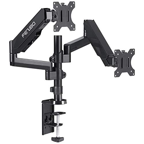 FEZIBO Daul Monitor Stand - Articulating Gas Spring Monitor Arm, Adjustable VESA Mount Desk Stand with C-Clamp Installation (Dual monitors with Pole)