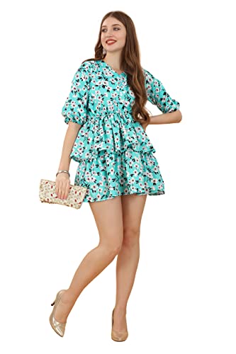 Image of Mini Dress for Women - Fancy Cotton Floral Design Short Dresses Frocks for Girls, Western One Piece Knee Length Dresses for Party, Outing, Casual Wear
