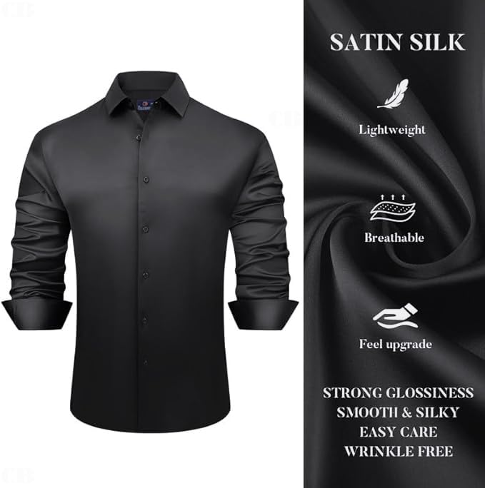 Image of CB-COLEBROOK Mens Stylish Solid Silk Satin Casual Dress Shirts for Men Shiny Long Sleeve Button Down Shirt Party Prom Wedding Shirt for Mens