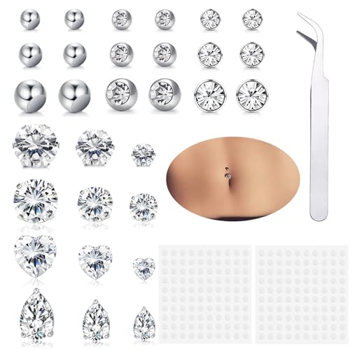 ShinyStyle J4You 30 Pcs Fake Belly Button Piercing for Women Silver Cubic Zirconia Faux Belly Ring Clip on Bellybutton Ring Fake Piercing Non Piercing Belly Button Sticker