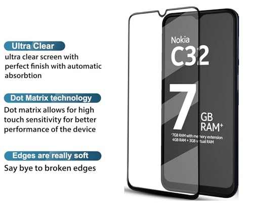 Image of HD Tempered Glass Screen Protector Compatible For Nokia C32 With Edge To Edge Coverage And Easy Installation Kit