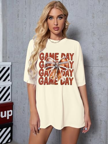 QLIPIN Game Day Shirts Women Oversized Football Bow Shirt Football Mom Tshirt Gameday Coquette Bow Short Sleeve Tee Tops2