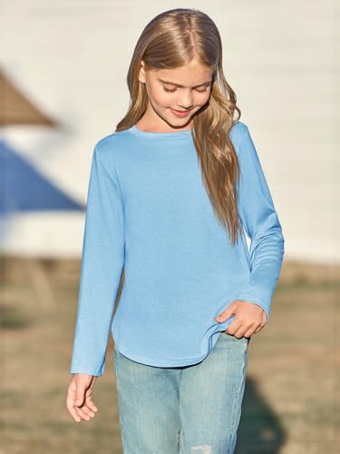 Image of Haloumoning Girls Long Sleeve T Shirts Kids Crewneck Tops 5-14 Years | Solid Color, Casual Loose Fit, Basic Tees, Curve Hem, Side Slit, Soft Tunic Tops, Fashion Clothes