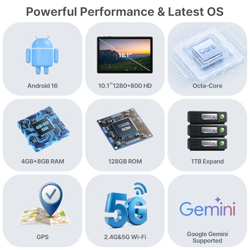 Image of Tablet 10.1 Inch, Android 16 Tablet with 12GB RAM 64GB ROM (TF 2TB), Octa-Core Processor, 5G WiFi Tablets, 7000mAh Battery, GPS, Google Gemini AI Tablet, Tablets for Adults Students Kids 2026 Upgraded