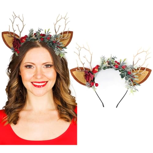 IYOU Renna Corna Natale Fasce di capelli Corna Cervo Fiore Rosso Foglia Bacche Caro Orecchio Natalizi Accessori per capelli per Festa Halloween Cosplay