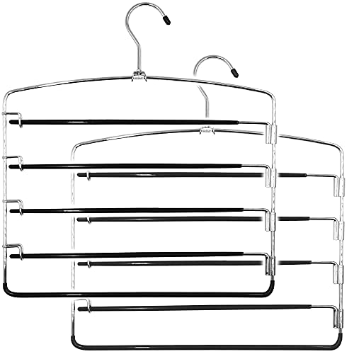 Kleverise 2 Pack Pants Hangers Space Saving, 5 Layer Tiered Non-Slip Stainless Steel Pants Hangers, Multi-Tier Pants Organizer Hangers, Swing Arm Space Saver Pants Hangers For Jeans Trousers #TOP5