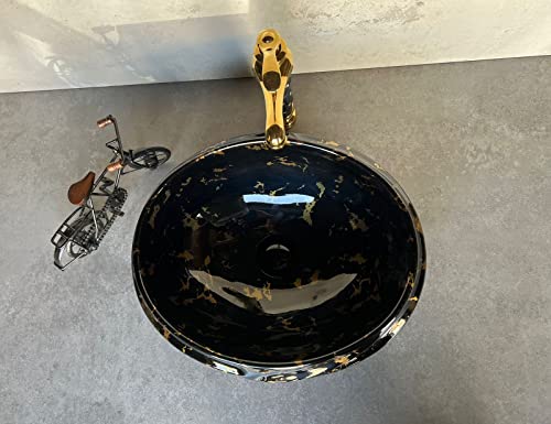 Image of Designer Glossy Finish Ceramic Art Table Top Wash Basin For Bathroom | Collapsible Countertop Washbasin (Black White Glossy Art, 16 x 13 x 6 Inch)