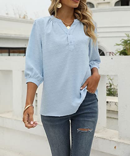 Hathne Women's V Neck Swiss Dot Tops Short Sleeve Chiffon Casual Shirts Blouses (B#Light Blue(3/4 Sleeve), Medium) #TOP2