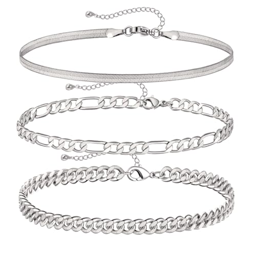 Image of 14K Gold Anklets for Women Waterproof Rhinestone Ankle Bracelet Layered Cuban Link Chain Diamond Anklet Beach Jewelry for Women (Silver-Anklets-C)