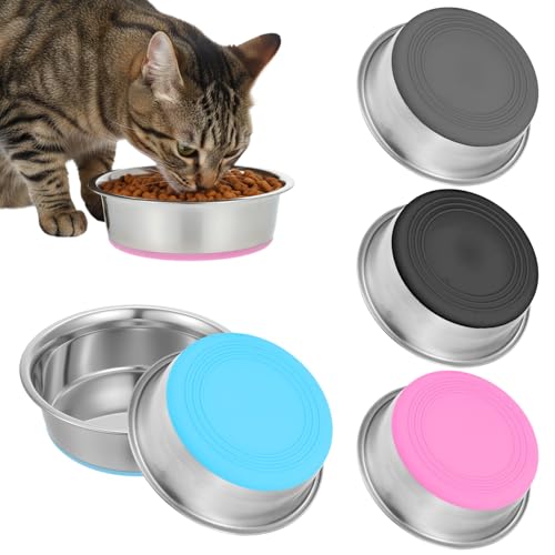 Oqqlin 4 Pcs Stainless Steel Cat Bowls, 5.6 Inch Metal Cat Bowl Whisker Friendly Shallow Wide Flat Cats Dishes for Food and Water Kitten Food Bowls with Non-Slip Silicone Bottom for Dog, Cats, Pets
