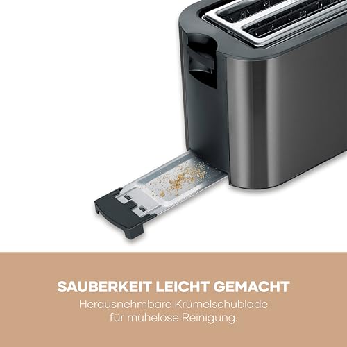 Severin Automatik-Langschlitztoaster, Toaster mit Brötchenaufsatz, hochwertiger Edelstahl Toaster mit großen Röstkammern und 1400 W Leistung, Auftau-Funktion, dark inox/schwarz, AT 9341 6
