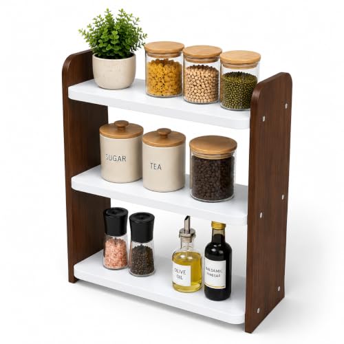 Image of 3-Tier Kitchen Organizer Rack for Countertop, Engineered Wood Spice Rack Shelf, Space Saving Storage Stand for Kitchen, Bathroom & Office, Easy Assembly, Dark Brown (White & Brown)