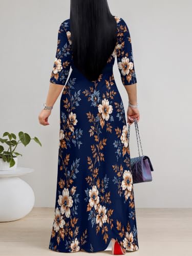 Image of PinkPatty Women's Plus Size Maxi Dresses Casual Flowy 3 /4 Sleeves Dress Printed Vacation Dress for Daily Wear with Belt