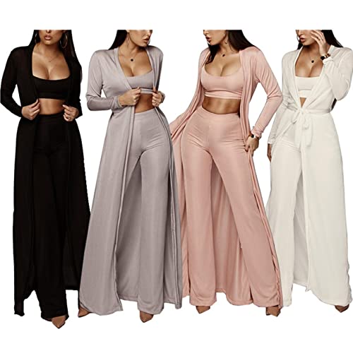 Image of Women's 2 Piece Outfits Set Ribbed Short Sleeve Casual Crop Top Wide Leg Pants Suit Set