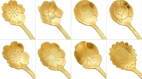 Image of 8Pcs Gold Flower Tea Spoon Set of 8 | Stainless Steel Coffee, Dessert & Ice Cream Spoons | Decorative Floral Cutlery for Home, Cafe, Dining Table & Gifting Use