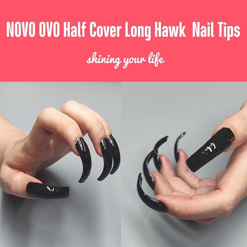 NOVO OVO 500 pcs Hawk Curved Eagle Claw Transparent Clear Cystal Extra Super Extreme Deep Curve Half Cover Short Square Tapered False Nail Extension Tips Acrylic Nail 10 Sizes in Bag for Halloween - Image 2