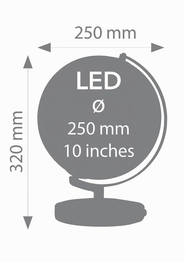 Globus mit 25 cm Durchmesser – TERRA LIGHT – integrierte Beleuchtung mit hell beleuchteten Metropolen – topografische Karte – verchromter Metallfuß – dunkelblau, grün – TROIKA Original