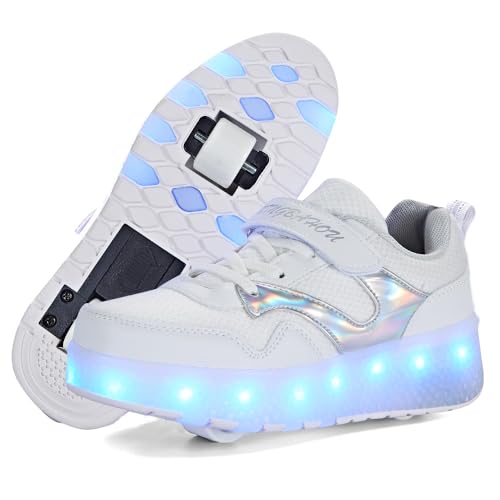 HANSYBAY Kids Roller Shoes LED Lights Up Sneakers with Wheels Removable Roller...
