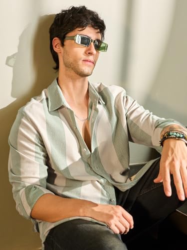 Image of The Souled Store Stripes: Sage Men and Boys Long Sleeves Collared Neck Button Front Regular Fit Cotton Blend Shirts
