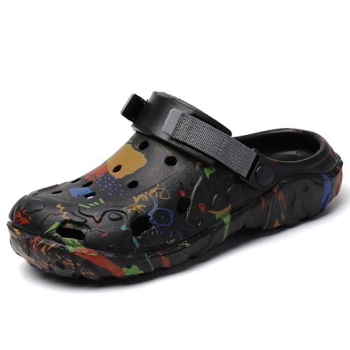 XJITIGER Graffiti Clogs for Men Women: Athletic Slippers - Waterproof Beach Sandals - Fashions Street Art House Shoes with Memory Foam Non-Slip Rubber Sole Black Graffiti 44