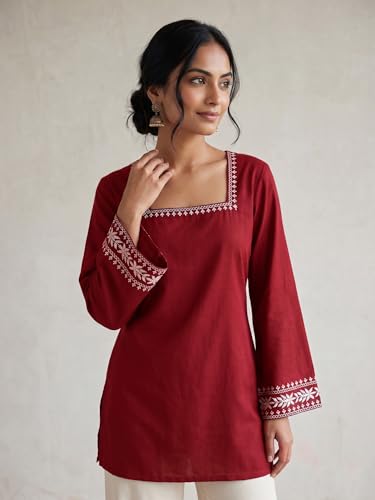 Image of MAHIRA'S Comfort Women's Short Kurti, Rayon Tunic Top with 3 /4 Embroidered Designer Sleeves | Soft Breathable Fabric | Office & Casual Kurti for Jeans, Leggings & Trousers