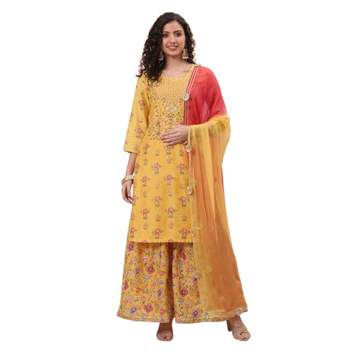 Image of Rangriti Yellow Art Silk Sharara Suit Set For Women