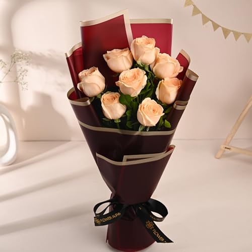 Image of FlowerAura Premium Fresh Live Flower Bouquet of 8 Peach Roses In Designer Paper Gift For Birthday | Anniversary | Love | Home Decor | Fathers Day Gift For Dad (Same Day Delivery)