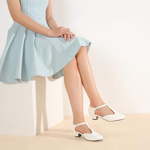 Image of MAIERNISI JESSI Women's T-Strap Mary Jane Pumps, Low Block Heel, Closed Toe, Buckle Ankle Strap