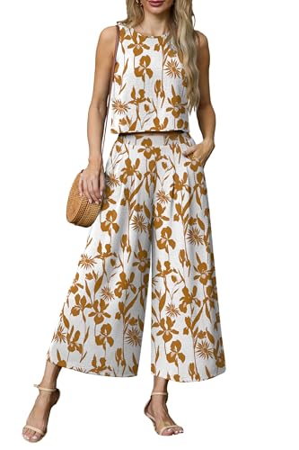 Lepunuo Women's Summer Casual Two Piece Outfits Set Crew Neck Sleeveless Crop Top Wide Leg Pants Set Pockets Vacation Outfit
