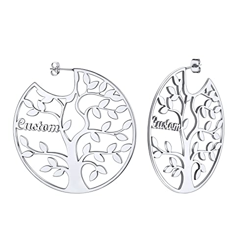 Custom4U Name Hoop Earrings Personalized Custom Tree of Life 1-8 Nameplate Big Drop Earrings Gold Plated/Black/Stainless Steel Customized Memorial Jewelry Gifts for Women Mother Grandma (Gif