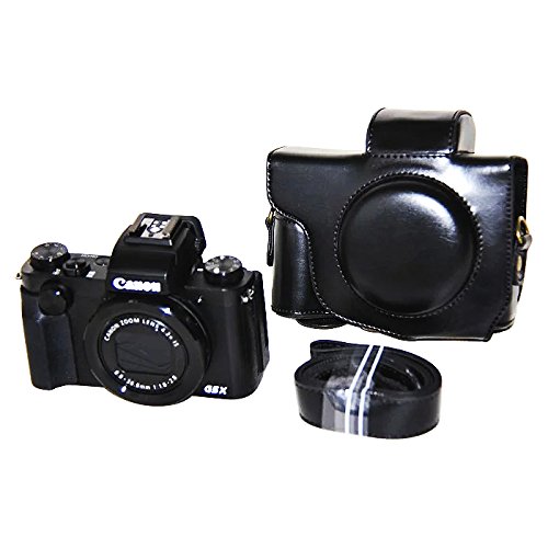 First2Savvv Xjpt-G5X-01 Black Full Body Precise Fit Pu Leather Digital Camera Case Bag Cover With Should Strap For Canon Powershot G5X + Cleaning Cloth #TOP1