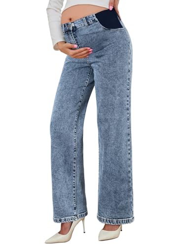 BLENCOT Pregnancy Pants for Women Maternity Wide Leg Jeans Elastic Waist Strech Denim Outfits Sail Blue Large