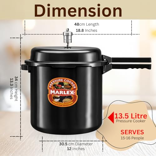 Image of Marlex 13.5 Litres Hard Anodised Pressure Cooker - 5 Year Warranty ISI Certified - Gas Stovetop Compatible - Ideal for Large Family, Commercial Kitchen, Corrosion-Resistant Durable Black Cooker