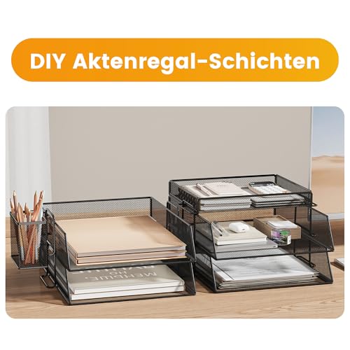 VITVITI Stapelbare Briefablage, Schreibtisch Organizer mit 4 Aktenhalter und 1 Stiftehalter, für A4 Dokument, Büro Organizer aus Metall, Schreibtischablage für Büroablage, Postkörbe (Schwarz)