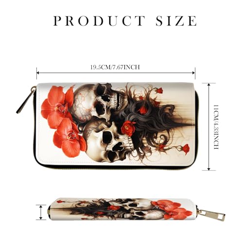 RFID-Blocking Zip Around Wallets for Women with Detachable Wrist Strap,Large Capacity Phone Holder with Card Organizer & Coin Pocket,Skull Red Flower2