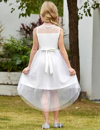 Image of Arshiner Girls Dresses Formal Party Wedding Tulle Sleeveless Contrast Mesh High Low Dress with Belt