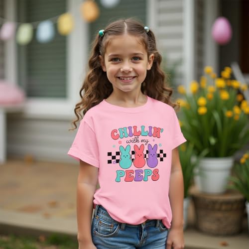 Image of Girls Easter Bunny Shirts Chillin with My Peeps Letter Print T-Shirt Cute Rabbit Short Sleeve Tee Tops