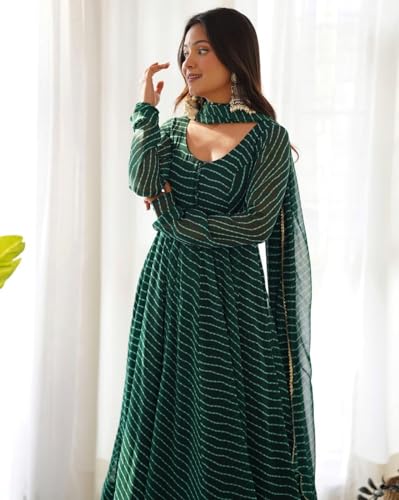 Image of Women's Lehariya Print Georgette Anarkali Fit Long Sleeves Lightweight Ethnic Wear Gown + Dupatta (H E 00391)