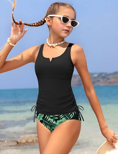 Girls Tankini Swimsuit Two Piece Bathing Suit Tropical Print V-Wire Drawstring Swimwear Set for Girls 9-16 Years3