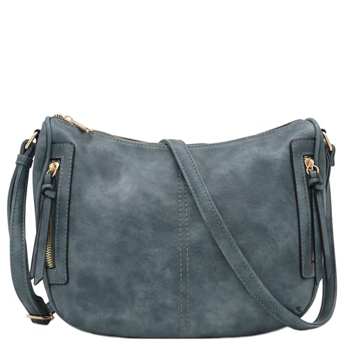 Image of Faux Leather Two Front Zipper Pocket Crossbody Saddle Bag (BlueGrey)