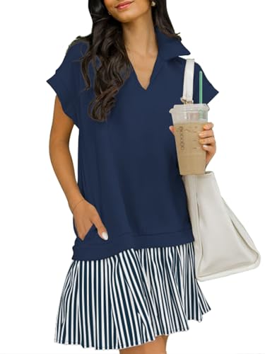 Image of Women's V Neck Short Sleeve Summer Dress Cap Sleeve Casual Loose Fit Pleated Striped Shirt Dress