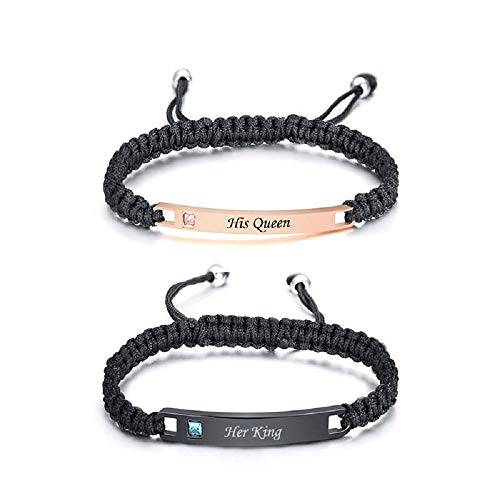 MJartoria Couples Bracelets, Personalized Matching Bracelets for Couples His and Hers, Handmade Rope Braided Rhinestone, Stainless Steel Bracelets for Lover