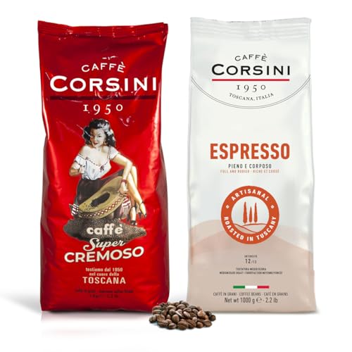 Caffè Corsini - Set Kaffeebohnenset Espresso zu Hause wie im Café, Intensiver Geschmack, 2x1Kg Gesamt 2Kg