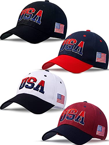 Image of 4Pcs USA Hats for Men Patriotic Hat Embroidered American Flag Baseball Cap | Classic USA Hat & USA Cap Set | 100% Cotton | American Flag Hats for Men Women | Adjustable Baseball Cap for Daily Wear