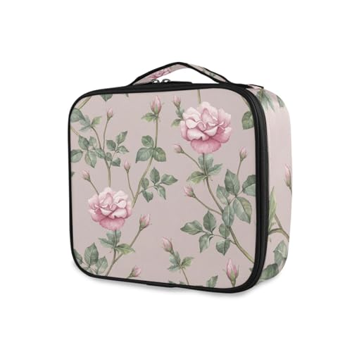 OTVEE Makeup Bag Pink Rose Flowers Vintage Travel Cosmetic Bag Large Train Case with Adjustable Dividers