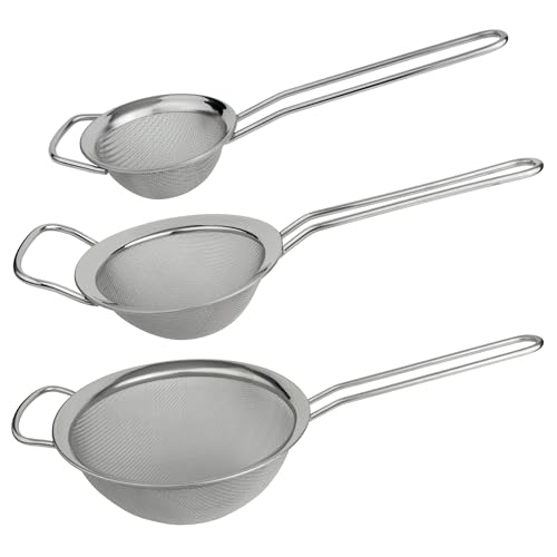 Grunwerg Juego de 3 coladores de malla fina con borde pulido y asas, diámetros de 8 cm, 12 cm y 18 cm