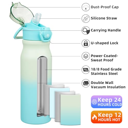 Image of BJPKPK 25 oz Insulated Water Bottle, Straw, Handle, Stainless Steel Flask | Leak Proof Locking Lid, Thermal, Double Wall Vacuum, Keeps Hot /Cold, BPA Free, Dishwasher Safe, Travel & Sports, Mint