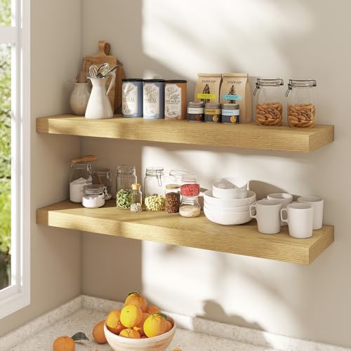 Image of Dreamland 40 Inch Floating Shelves for Wall,8 Inch Deep Floating Shelves,40 inch W x 8 inch D Wall Shelves for Bedroom,Living Room, Kitchen,Bathroom,Oak Color,Set of 2